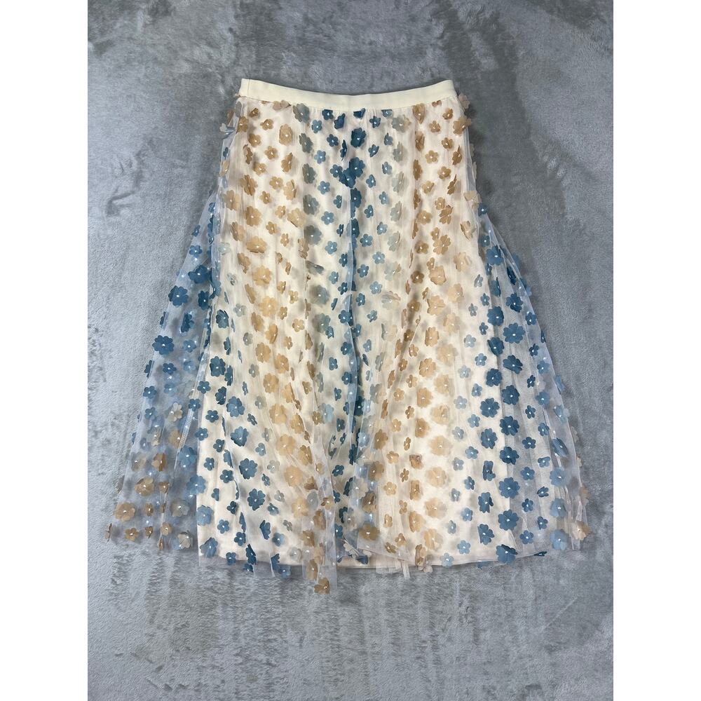Floral Sheer Lace Overlay Long Midi Skirt Maxi Boho Cream Blue Cottagecore Small - Picture 5 of 7